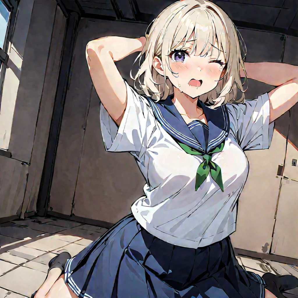  one girl who is at ease,  best quality,  super detailed, masterpiece,   ultra high resolution, 8k, Ridiculous,  cowboy shooting ,  focus on girls ,  embarrassed , ,  nice, }  close one eye , Tears flow、 open your mouth, My ，  What saliva leaves behind, ( Put Your Arms Behind Your Head ), (wariza), ( sailor suit ), Sticky panties,  white lace panties ,  Classroom Background , (He saw:1.2),  skirt was accidentally exposed , medium breasts, Panties were accidentally exposed ,  absolute domain,  black knee socks , clevis, the above