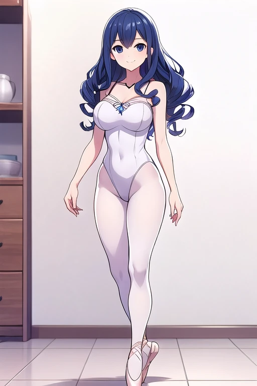 Juvia Lockser, blue eyes, blue hair, long curly hair, mature female, perfect waist, large breasts, ballet leotard, white tights, smile