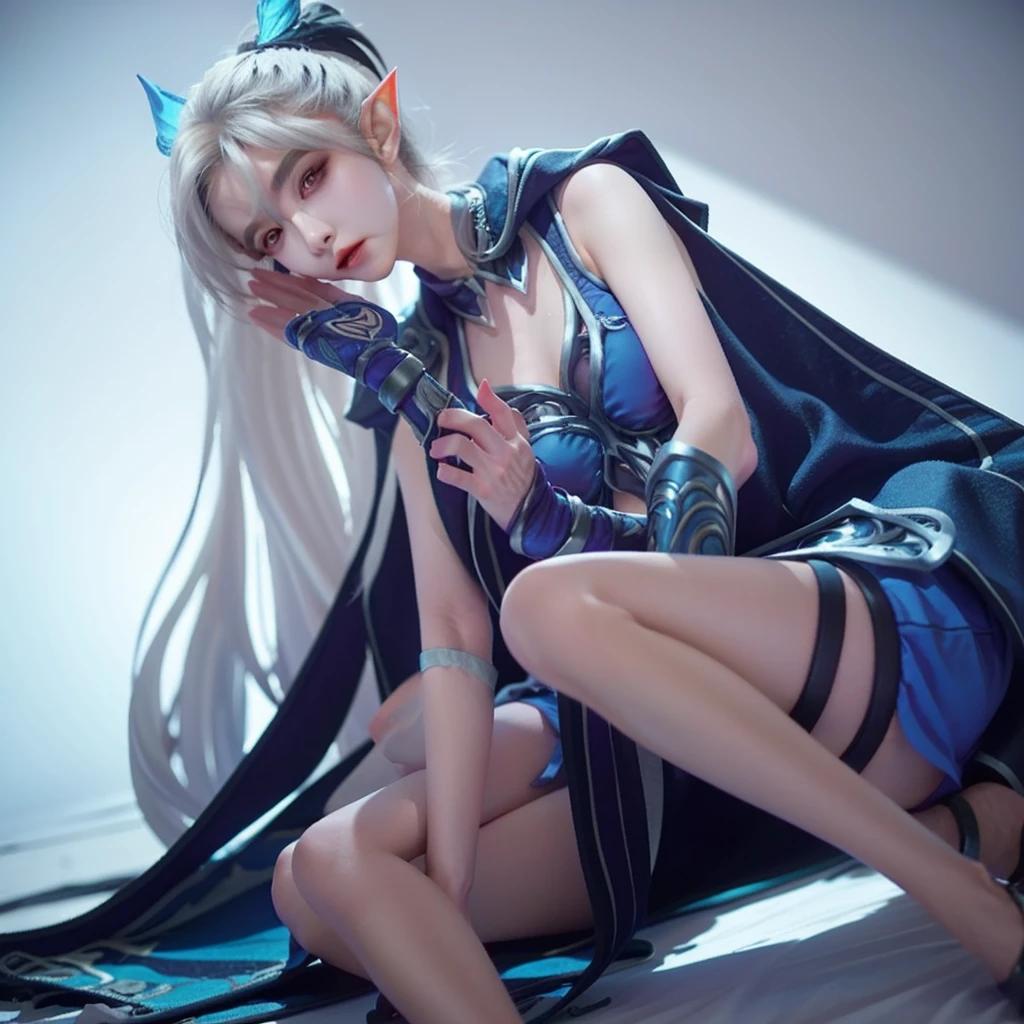 Miya, mobile legends, miya mobile legends, 1girl, blue dress, white long hair tied, realistic, sock, blue cloak