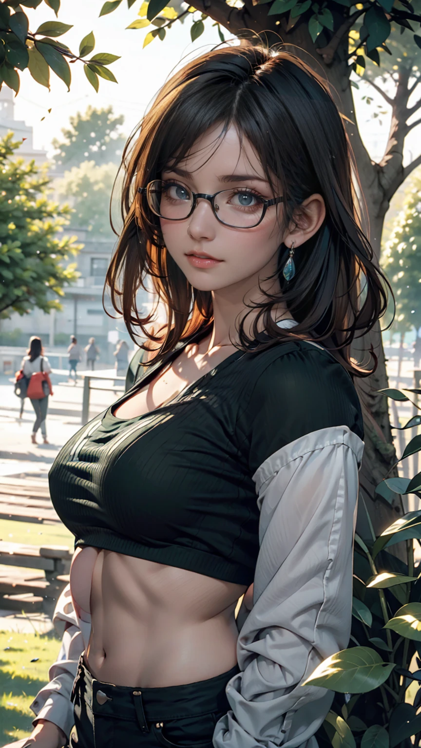 Only one european woman, 30 years old, There's an adult woman in a park, wearing Spring Dress, Glasses, Dark Hair, Ponytails, beautiful chest, Big boobs, Clivage, Second life avatar, Beautiful screenshot, Second life, Front view, seductive woman, high quality, Very detailed skin,