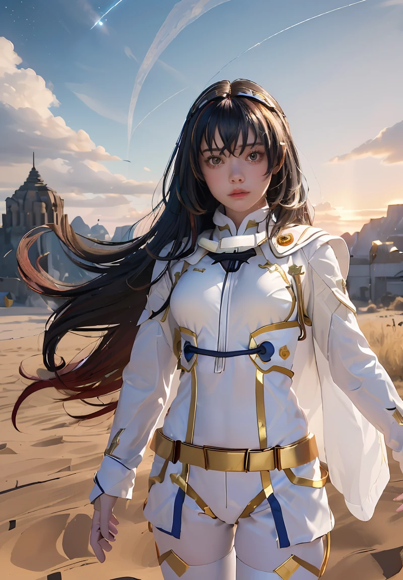 ((masterpiece, best quality, extremely detailed), volumetric lighting, ambient occlusion, colorful, glowing), 1girl, solo, young girl, (dark hair), long hair, ranger suit, hunter class dnd, cloak, (white outfit with gold detailst:1.3), armor, outdoors, sunset, sky, clouds, space, (fantasy theme:1.2),