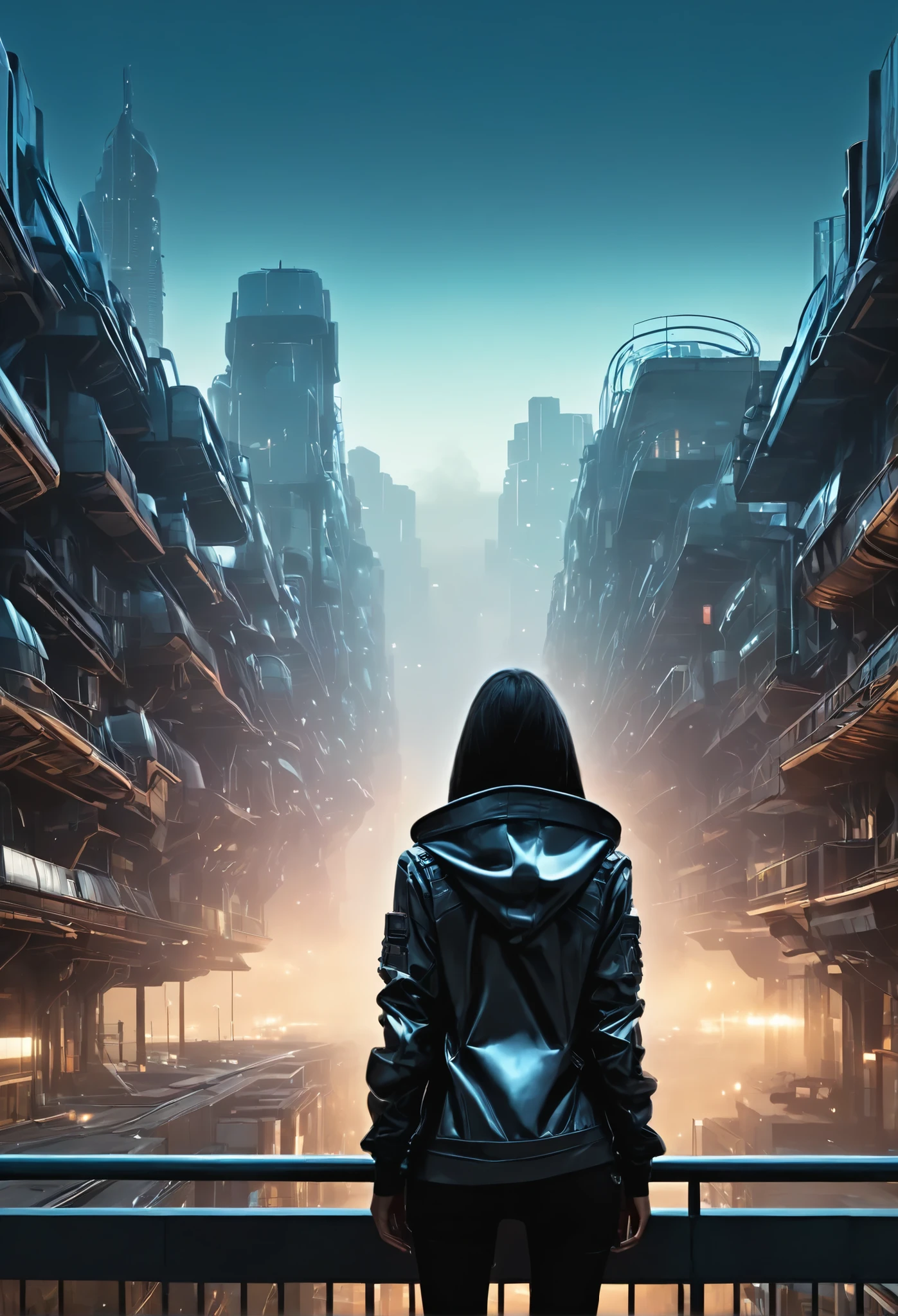 image taken from behind the shoulder of a GIRL with her back turned and DRESSED IN A HOOD from a balcony of a futuristic building with, She is looking at an aerial view of an ultra-futuristic North American megalopolis, view of the entire city with many metal buildings and houses in dark colors from dark blue to black, a cidade tem tons de cinza metal, has smoky metal structures , industrial environment with smoke and fog around, carros escuros nas ruas, desert megalopolis, trilhos e trens modernos de de metal passando estre as ruas da cidade, tall futuristic metal buildings, many ultra modern buildings around, , as realistic as possible, As detailed as possible, Science fiction
