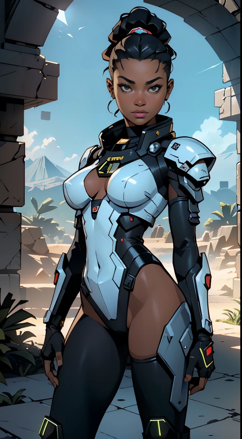 (((NSFW, sem roupas, pele escura))), (((NSFW, scientific fiction, pele escura, desenho de linha, aquarela))), with first person view high definition character art, personagem negra nua, arte estilo jogo Borderlands, cabelo preto preso, First-person view, pronta para enfrentar seus inimigos, behind her a futuristic desert, arte do jogo Borderlands. Esta imagem de alta qualidade, renderizada em 8K Ultra HD, mostra detalhes intrincados da cena. obra-prima aprimorada digitalmente ou pintada com requinte, scientific fiction, postura ativa, estilo de quadrinhos, post-apocalyptic fashion
