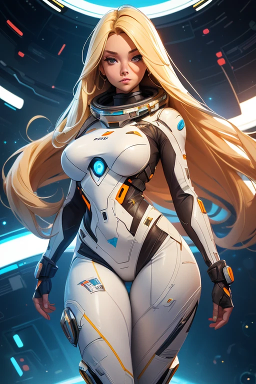 An ultra hot gorgeous European woman. Age23. Blonde straight hair. astronaut clothes white and blue provocative | floating in the space. space background. Perfect anatomy, perfect hair, perfect breast, perfect body, perfect hands, perfect face, perfect eyes, accurate, anatomically correct, perfect clear and crisp focus, UHD, masterpiece, ((blurry background))