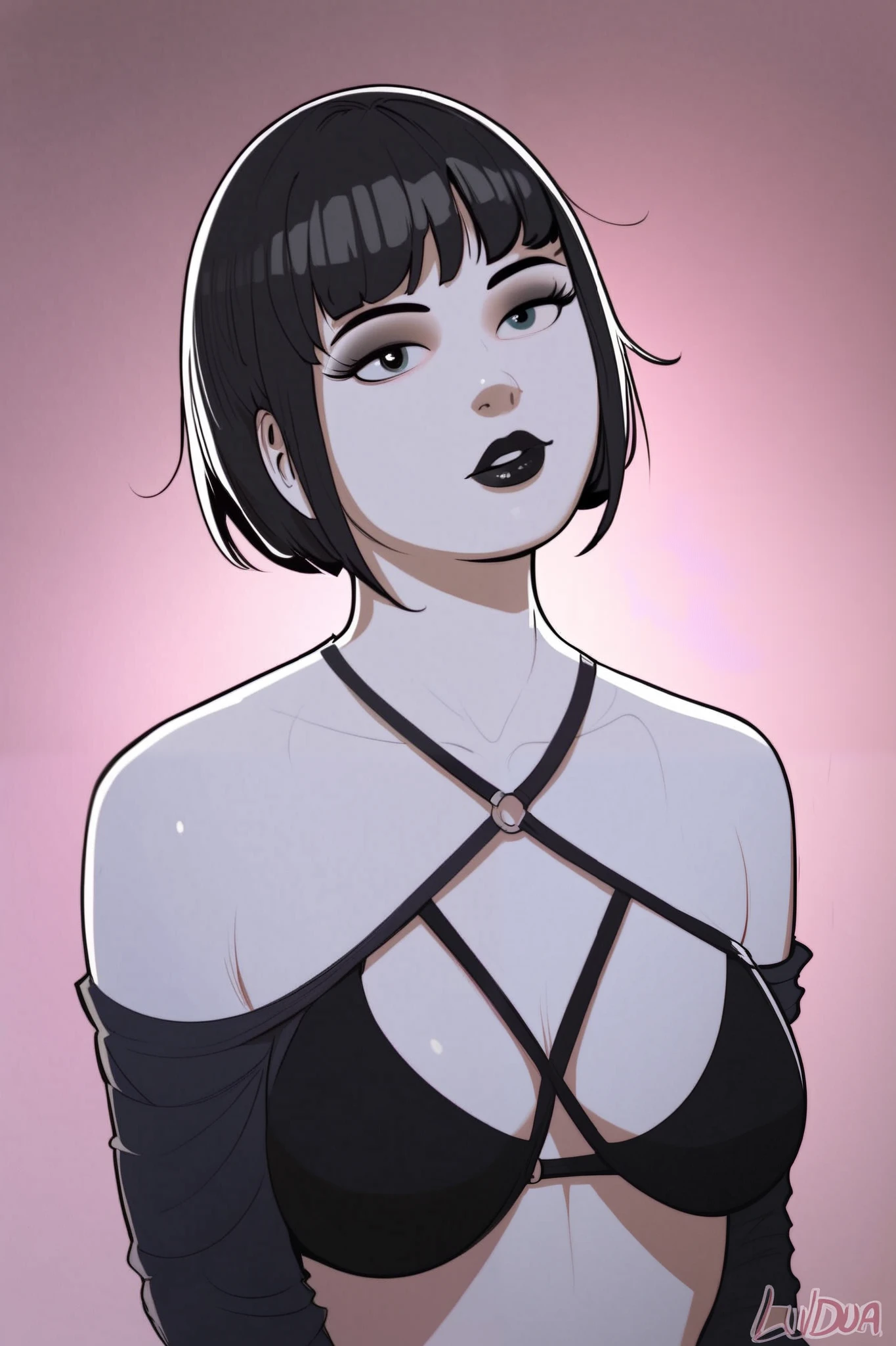 score_9, score_8_up, score_7_up, score_6_up, score_5_up, score_4_up. By Lewdua, highly detailed, 4k.
BREAK
1girl, goth girl, black lips, bob cut, white skin, black outfit, criss cross bra, solo, standing, super realistic details, tension wrinkles, physically accurate, high attention to detail. accurate, high attention to detail. ray tracing, reflections, accurate lighting, great colors
BREAK 
bedroom background, detailed and realistic background, realistic light, realistic shadows,

