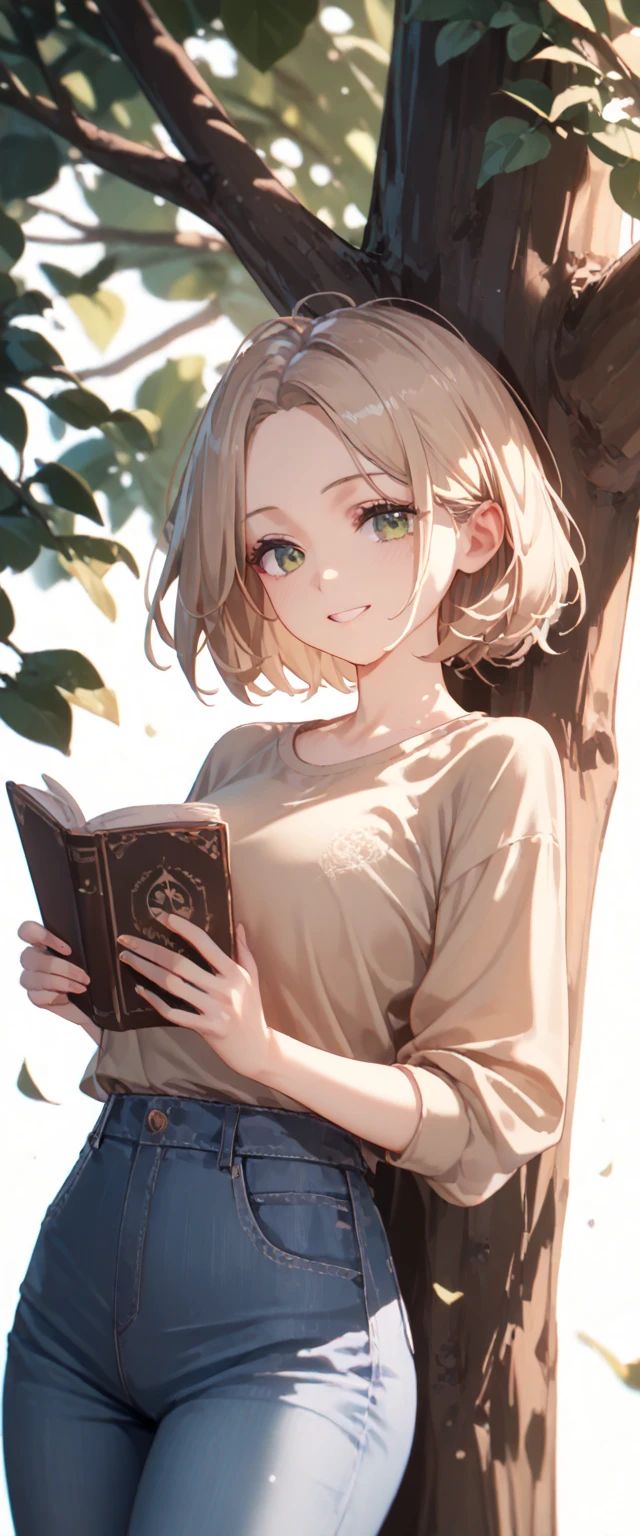 masterpiece,  Alina ,  super detailed),   Portrait of an 18 year old woman with light brown hair,  curly green eyes ,  beige shirt and blue jeans ，Smile brightly， wearing blue shorts ，Standing under a tree  ( leaning on a tree )  and reading a brown book - Car Surreal --   