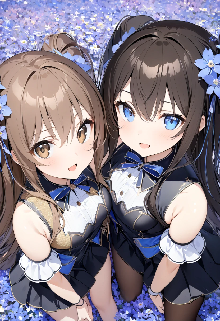  two girls、(( High Quality、 best quality、８ｋ))、((The background is a flower field))、Beautiful and pretty eyes、smile、 open your mouth、 Brown hair and brown eyes 、 Long Hair Girl ,Break black hair and blue eyes 、 twin-tail girl, Detail Eyes、 pay attention to arm and leg details、 pantyhose、 bird eye view