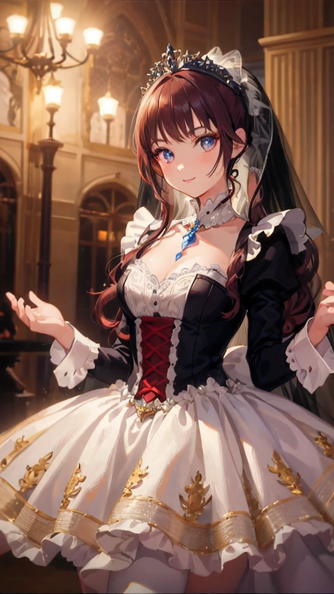 masterpiece:1.4, best quality:1.4, 8K animation,  {A beautiful, bewitching, kinky, lecherous princess}, Gorgeous, mature and pretty crinoline ball gown, on concert stage, Lift the skirt to show the pussy, off shoulders, big breasts