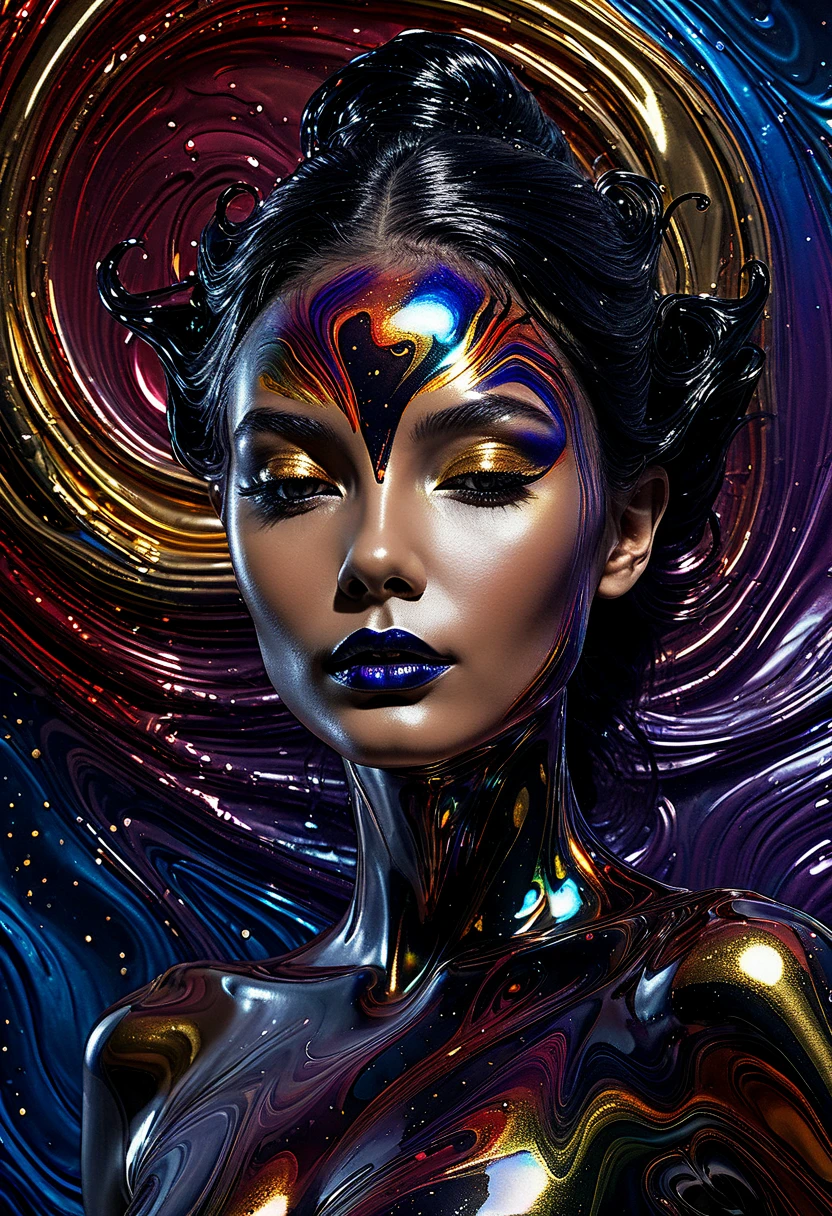 (body formed by galactic liquid mauevine and black metallic paint twisting into a beautiful interpretation of the female figure), au naturel,((complex galactic metallic colours in the foreground)), (( fluid mechanics, the loveliest smooth scale face makeup, smirky expression)) - red, black and gold, onyxia, metallic color palette g0s1