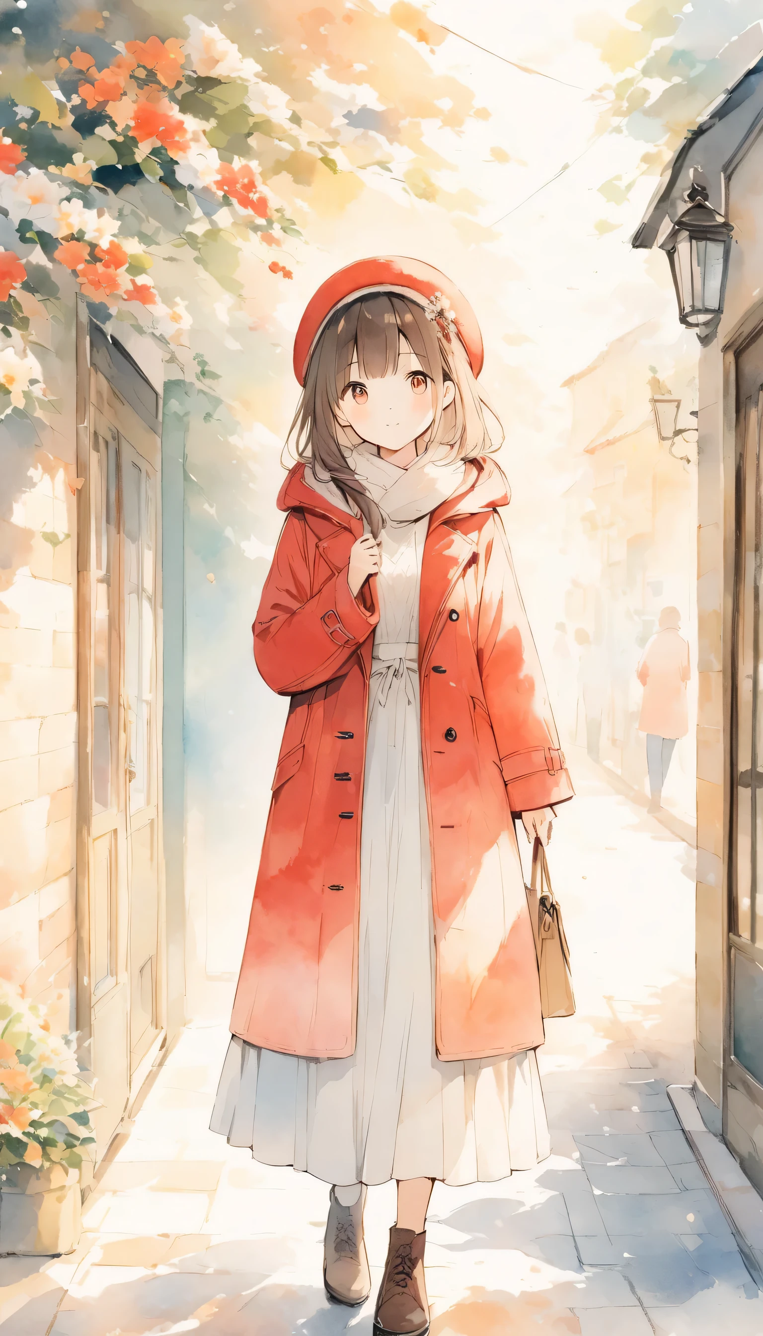 Light color、Watercolor,2.5D,#SDXL、 waiting for her lover on a street corner where light snow dances、cute、A girl wearing a red winter coat 、 soft colored artwork 、warm, Antique Color