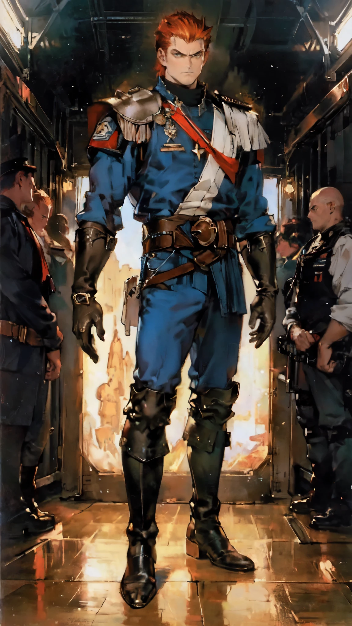 (masterpiece:1.2, best quality:1.2, extremely delicate:1.2), ((male:1.5)), a man with slicked-back short disheveled red-gold hair, cold and ruthless gaze, confident expression, a two piece futuristic-style military dress uniform, primarily white and red with yellow accents, streamlined wristguard gloves, metal shoulder pads, metal belt, matching trousers, long combat boots, stands within a futuristic sci-fi hangar, the background is a giant mecha, this character embodies a finely crafted futuristic military officer in anime style, exquisite and mature oil painting art style, dramatic, high definition, highres, ultra-detailed, ultra-fine painting, professional, perfect body proportions, golden ratio, anatomically correct, symmetrical face, extremely detailed eyes and face, high quality eyes, creativity, RAW photo, UHD, 32k, Natural light, cinematic lighting, (masterpiece-anatomy-perfect:1.2)