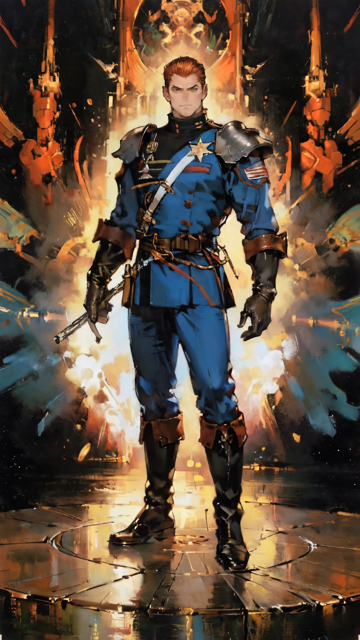 (masterpiece:1.2, best quality:1.2, extremely delicate:1.2), ((male:1.5)), a man with slicked-back short disheveled red-gold hair, cold and ruthless gaze, confident expression, a two piece futuristic-style military dress uniform, primarily white and red with yellow accents, streamlined wristguard gloves, metal shoulder pads, metal belt, matching trousers, long combat boots, stands within a futuristic sci-fi hangar, the background is a giant mecha, this character embodies a finely crafted futuristic military officer in anime style, exquisite and mature oil painting art style, dramatic, high definition, highres, ultra-detailed, ultra-fine painting, professional, perfect body proportions, golden ratio, anatomically correct, symmetrical face, extremely detailed eyes and face, high quality eyes, creativity, RAW photo, UHD, 32k, Natural light, cinematic lighting, (masterpiece-anatomy-perfect:1.2)