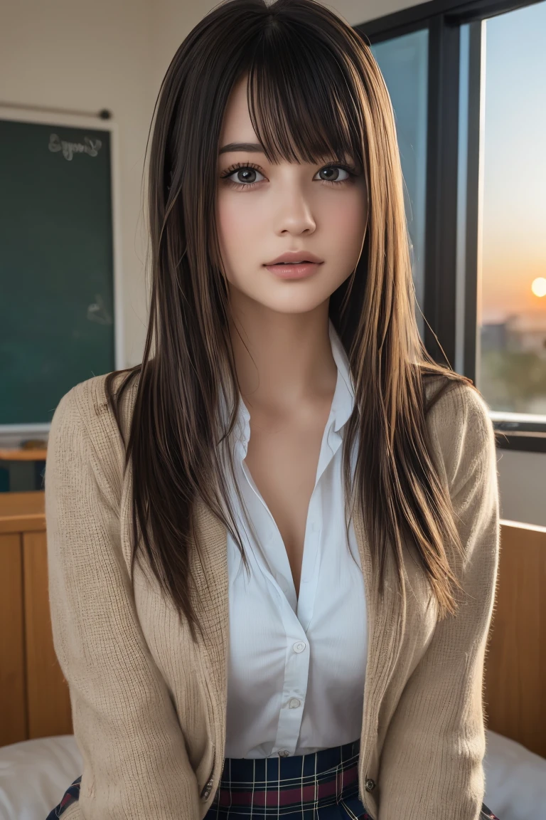 ((8k, RAW photos, top quality, masterpieces), high-definition RAW color photos professional close-up photos, (realistic, photorealism: 1.37), (highest quality), (best shadows), (best illustrations), collarbones ((big)), ((erotic, sexy, ultra high resolution, high-definition CG unified 8K wallpapers, physically based rendering, movie lighting), (aegyo sal:1), 18 year old girl, (grey blazer, ribbon, socks, high school uniform: 1.2), high school classroom, beautiful detail eyes, light on the face, ((full body shot: 1.2)), especially strong light, (upper eyes, grinning smile:1.2),shiny skin, (((black hair, bob hair:1.2))), ( thick thighs), ulzzang-6500-v1.1:0.2, shy, (flash:1.2), NSFW , (puffy), ((seductive posture: 1.2, attractive: 1.2)), (idle), (sitting at a desk in classroom: 1.2)), ((good anatomy: 1.2)), ((bright and refreshing classroom, background blurred: 1.2)), perfect face, cute face, (high angle shot:1.2)