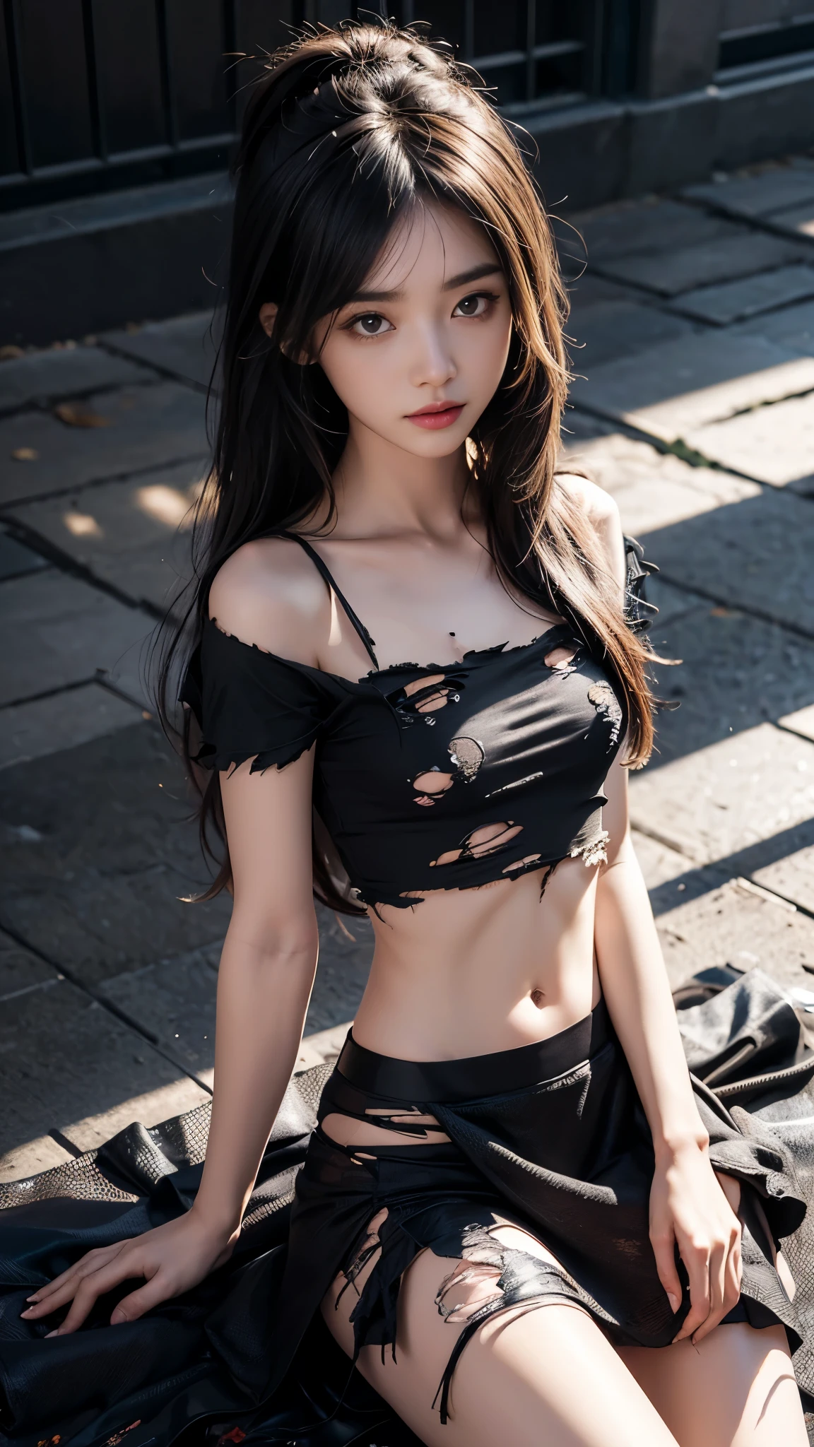 1 girl, 10 years old, woman, emo_hairstyle, Red lipstick, collar, Eyeliner, eyeshadow, smoky eyes, realistic lighting, school, shirt , tie, skirt, Black Stockings, long hair, flat chest, shiny skin, complacent, grin.