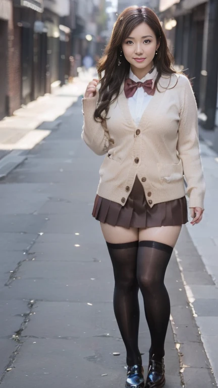 full body shot, from below,  japanese mature,  detailed face , Facial wrinkles, smile,  detailed skin texture ,  white skin, (curvy body:1.5), (earrings,  Necklaces , red bowtie, brown cardigan, red skirt, pleated skirt, micro miniskirt, black thighhighs:1.2), ( wearing black high heels:1.2), ( takes a picture of the whole body from toe to head, Standing on the sidewalk:1.2), ( surrealism, best quality, ultra detailed, absolutely resolution, 8k, anatomically correct), depth of field, looking at viewer, tachi-e