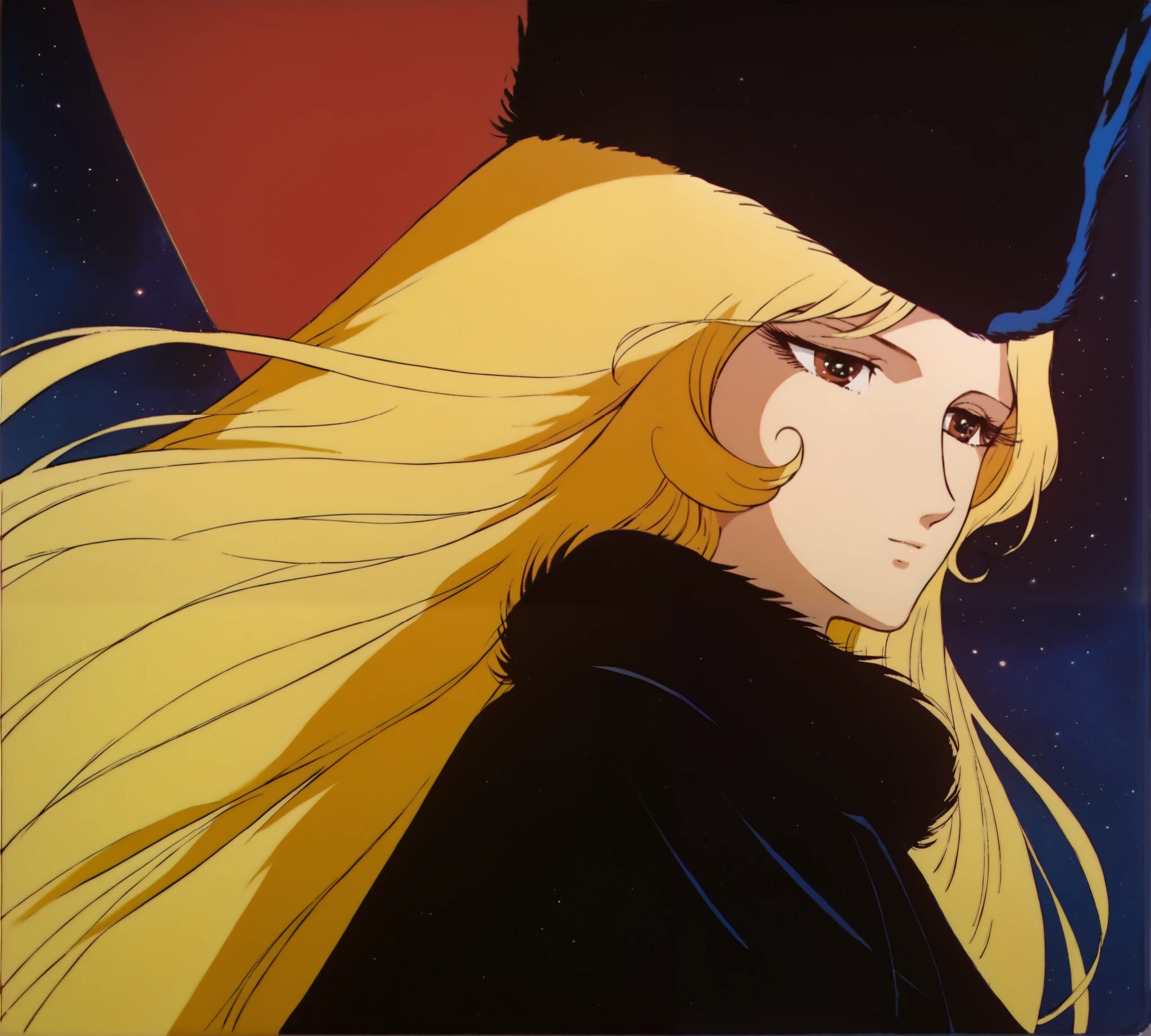 Maetel、whole body、 retro style, 1980s, flat color , zPDXL, best quality, Amazing Quality , Score 9, 1 girl, Black clothes, space, Flowing Hair , Fur Hat,