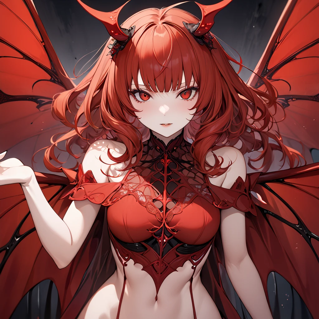 The beautiful female fly devil who has become a fly devil with different body and mind is a strange type of fly female demon with naked red hair growing with fly antennae and fly wings、(( best quality)), ((masterpiece)), ( Details), （ perfect face）,The Devil's Woman is a red-haired Celica with excellent proportions The Naked Woman of the Flies Devil 