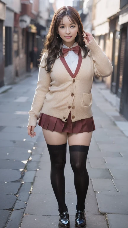 full body shot, from below,  japanese mature,  detailed face , Facial wrinkles, smile,  detailed skin texture ,  white skin, (curvy body:1.5), (earrings,  Necklaces , red bowtie, brown cardigan, red skirt, pleated skirt, micro miniskirt, black thighhighs:1.2), ( wearing black high heels:1.2), ( takes a picture of the whole body from toe to head, Standing on the sidewalk:1.2), ( surrealism, best quality, ultra detailed, absolutely resolution, 8k, anatomically correct), depth of field, looking at viewer, tachi-e