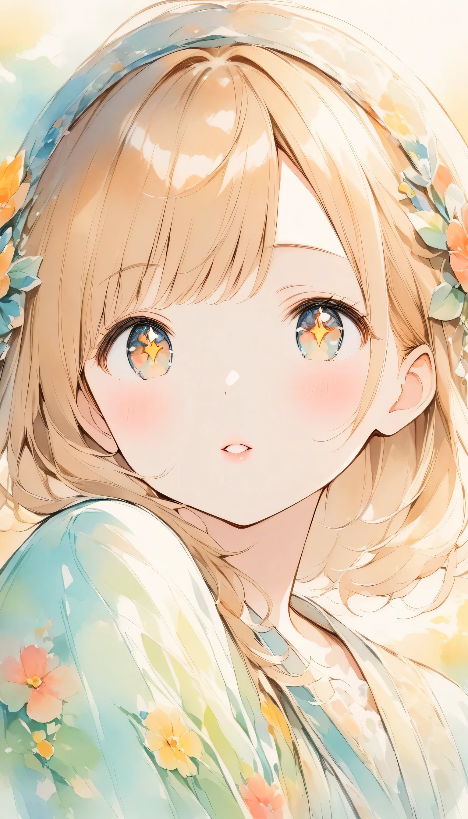 Light color、Watercolor,2.5D,#SDXL、1 girl waiting for her lover's kiss、 face focus、cute、Sparkling Eyes、Glossy lips、 soft colored artwork 、warm, Antique Color