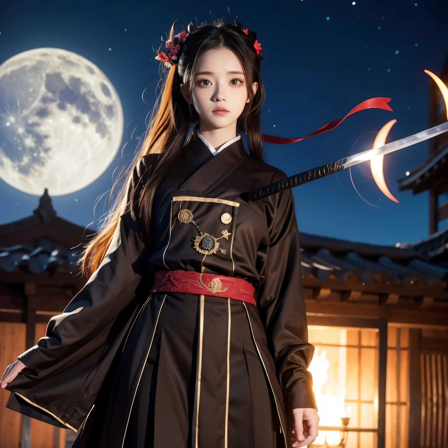 Anime character with long hair standing in front of a full moon holding a sword, Demon Slayer: Kimetsu no Yaiba中的可爱脸庞, Demon Slayer: Kimetsu no Yaiba,   is inspired by Demon Slayer  , Yoriichi Tsugikuni, Demon Slayer: Kimetsu no Yaiba风格, Demon Slayer: Kimetsu no Yaiba动漫形象, Tanjiro