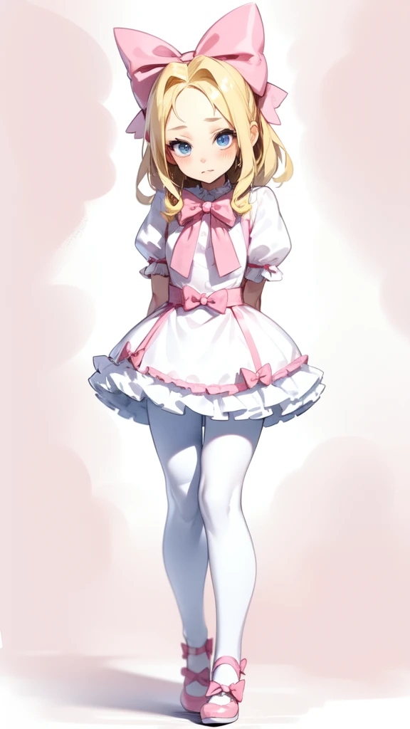 blonde hair, bow, pink bow, blue eyes, hair bow, Alone,  1 girl, skinny ,White tights, full body is shown