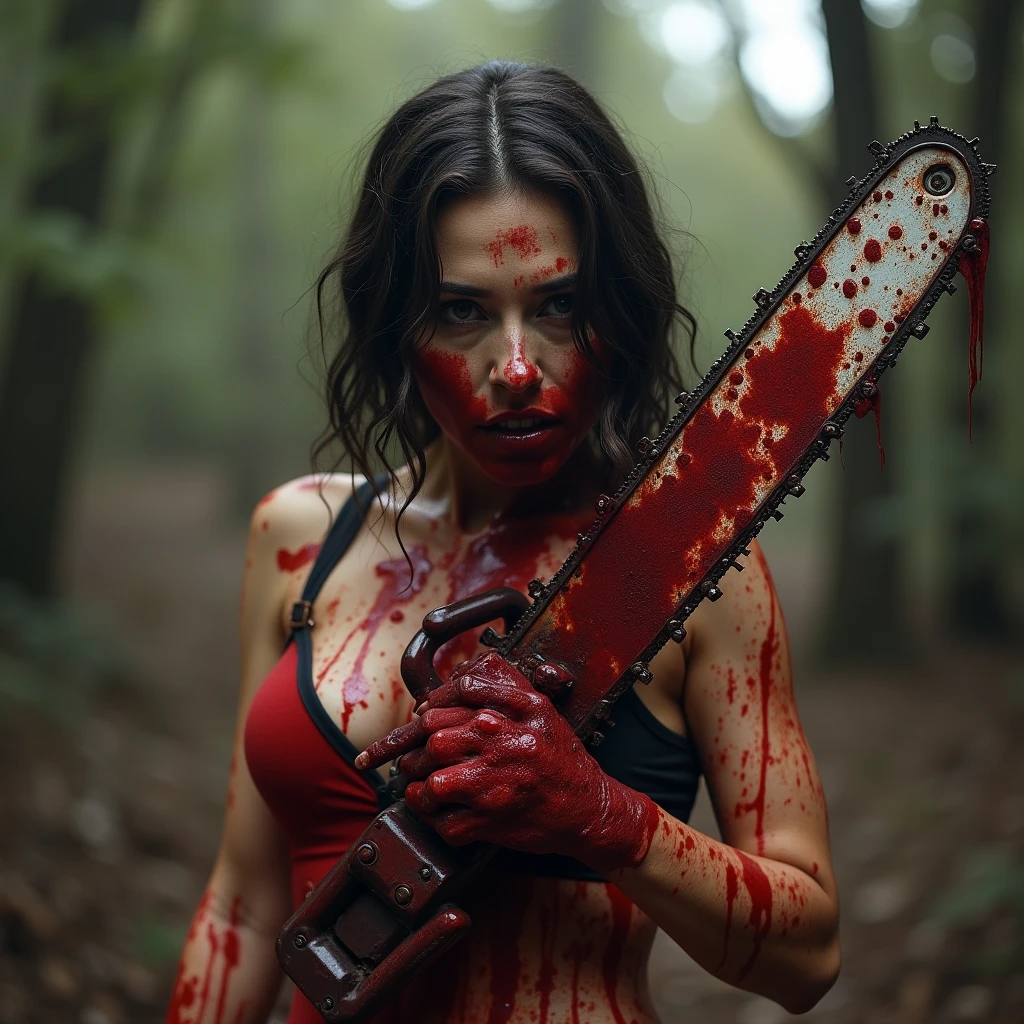 Lara croft screams in agony as her ample breast got stabbed with knife , bleeding, gore, horror