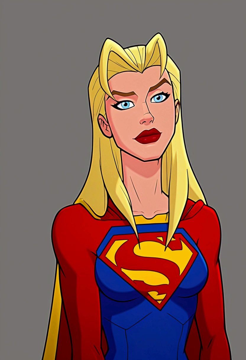 Supergirl, perfect denim costume, red jacket, olhos azuis brilhantes, linda mulher, extremely blond hair, smooth curves, upturned buttock 