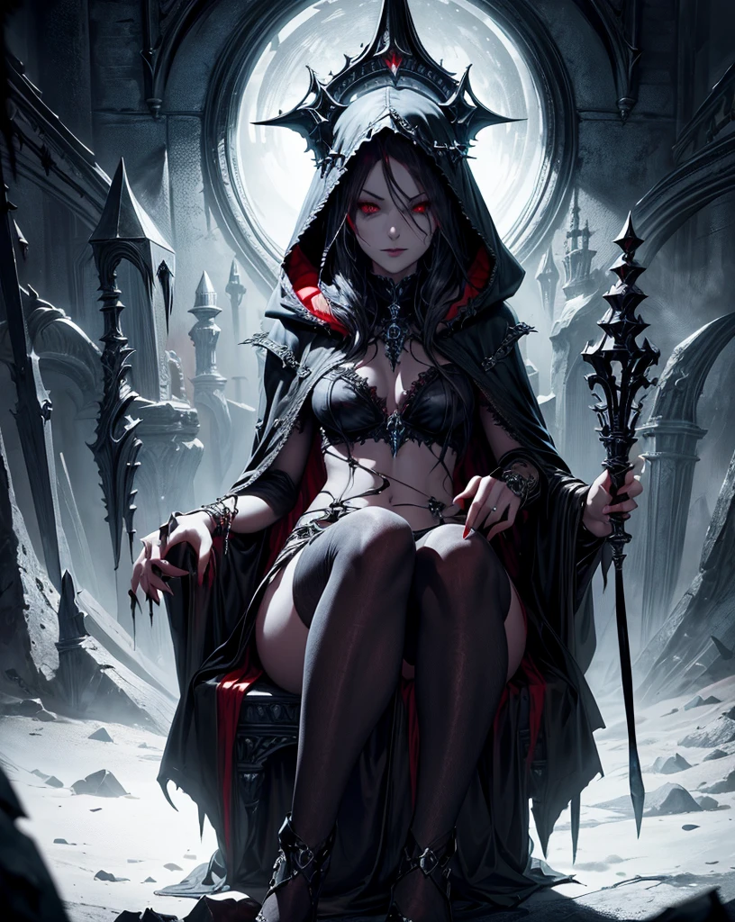 (best quality), (masterpiece), (high resolution), [:intricate details:], (detailed background) a hooded sex vampire woman sitting on a throne with skulls around her, she has red eyes,her outfit has red color, her skin is white like a vampire, dark fantasy art, vampire queen, gothic fantasy art, dark sorceress, abaddon and magali villeneuve, dark fantasy style art, epic fantasy art style hd, evil sorceress, necromancer sorceress, dark fantasy art, beautiful necromancer, (sage aura effect around the throne)