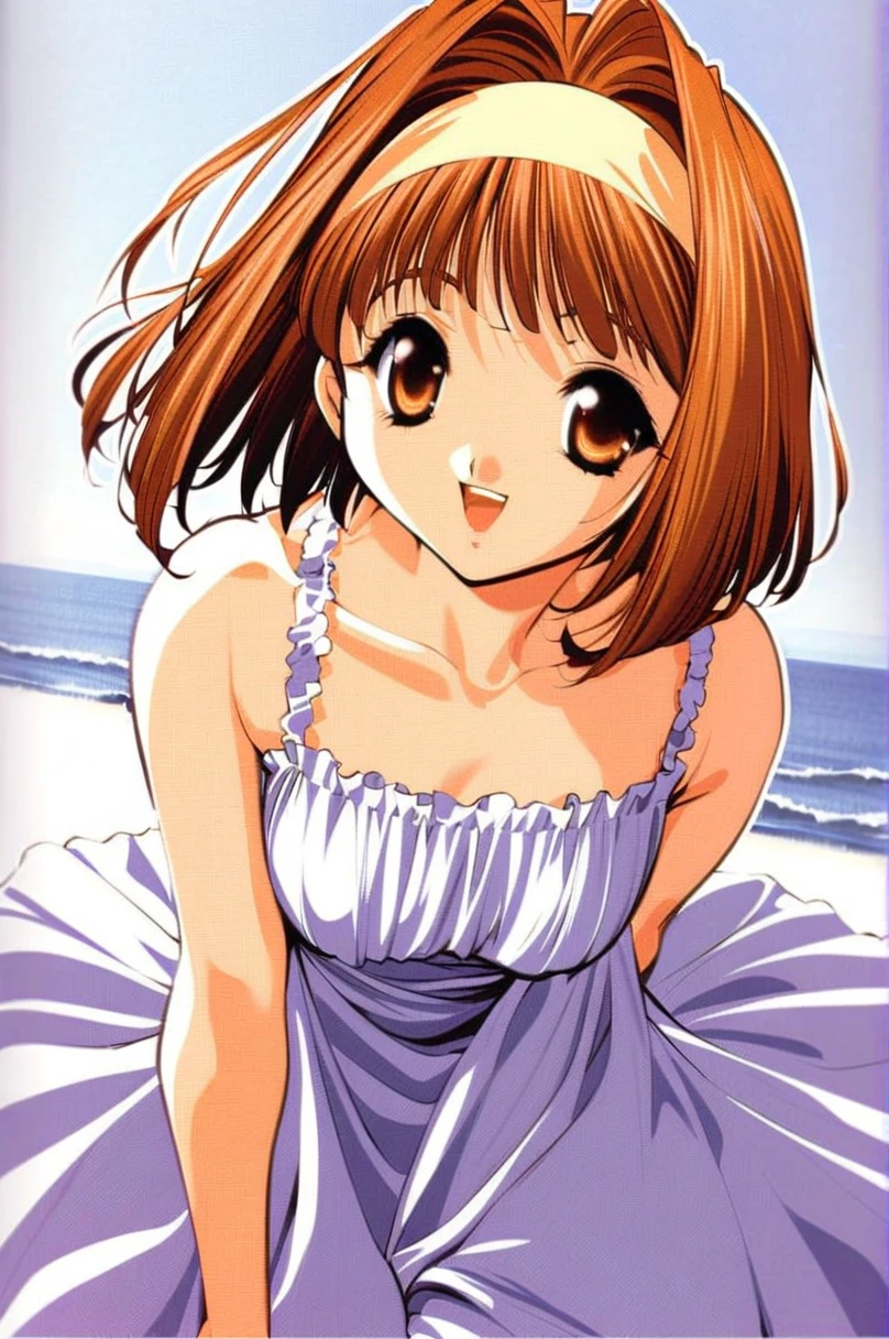 Kaho, 1girl, solo, hairband, dress, hair intakes, short hair, brown hair, sundress, brown eyes, orange hair, white dress, parted lips, looking at viewer, upper body, bare shoulders, collarbone, orange eyes, sitting wariza, pow pose, big laugh, smile, open mouth, closed eye, cowboy shot,