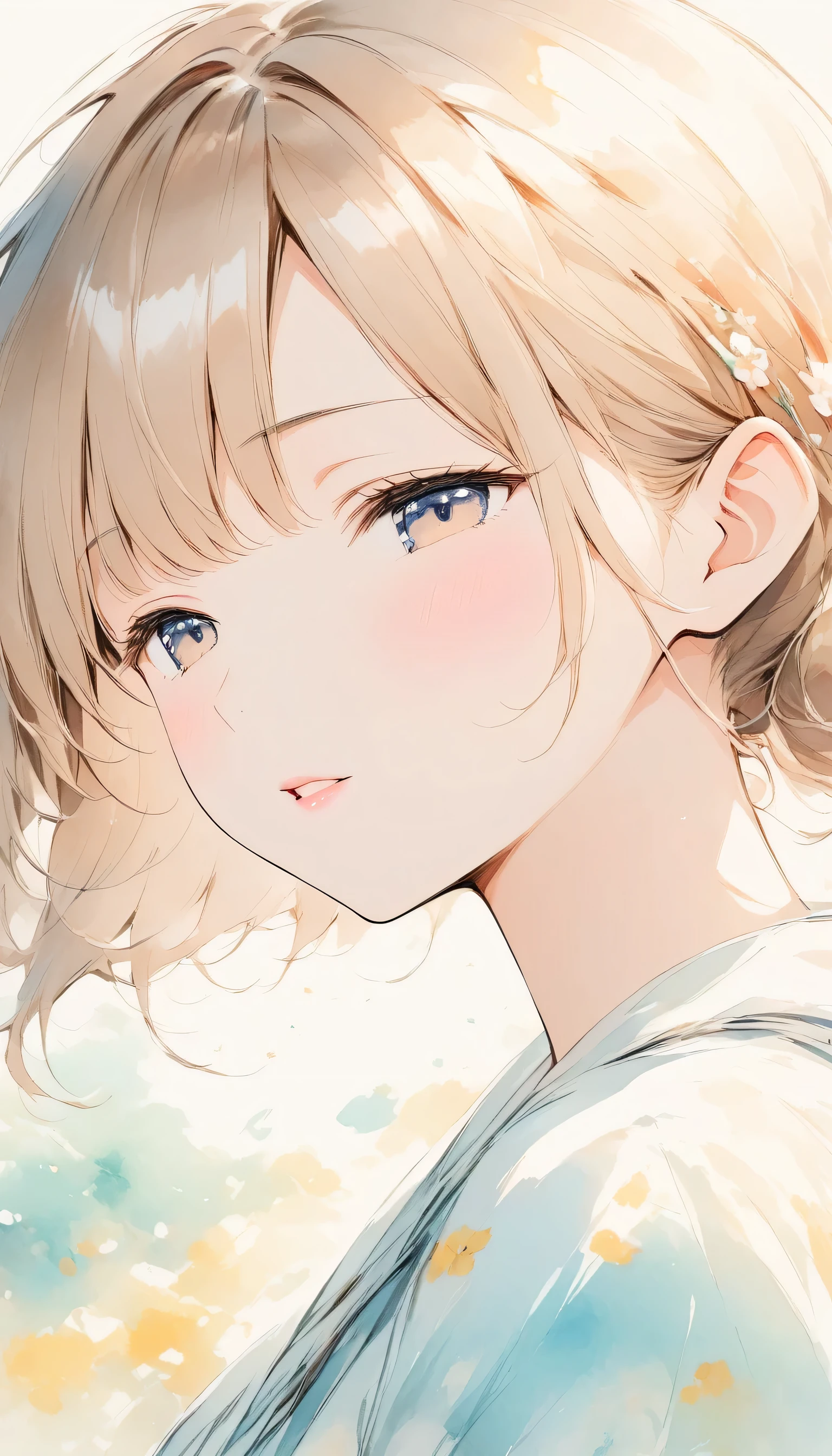 Light color、Watercolor,2.5D,#SDXL、 1 Girl Waiting For Her Lover's Kiss、 face focus、cute、Beautiful Half Closed Eyes 、Glossy lips、Soft color artwork、warm, Antique Color