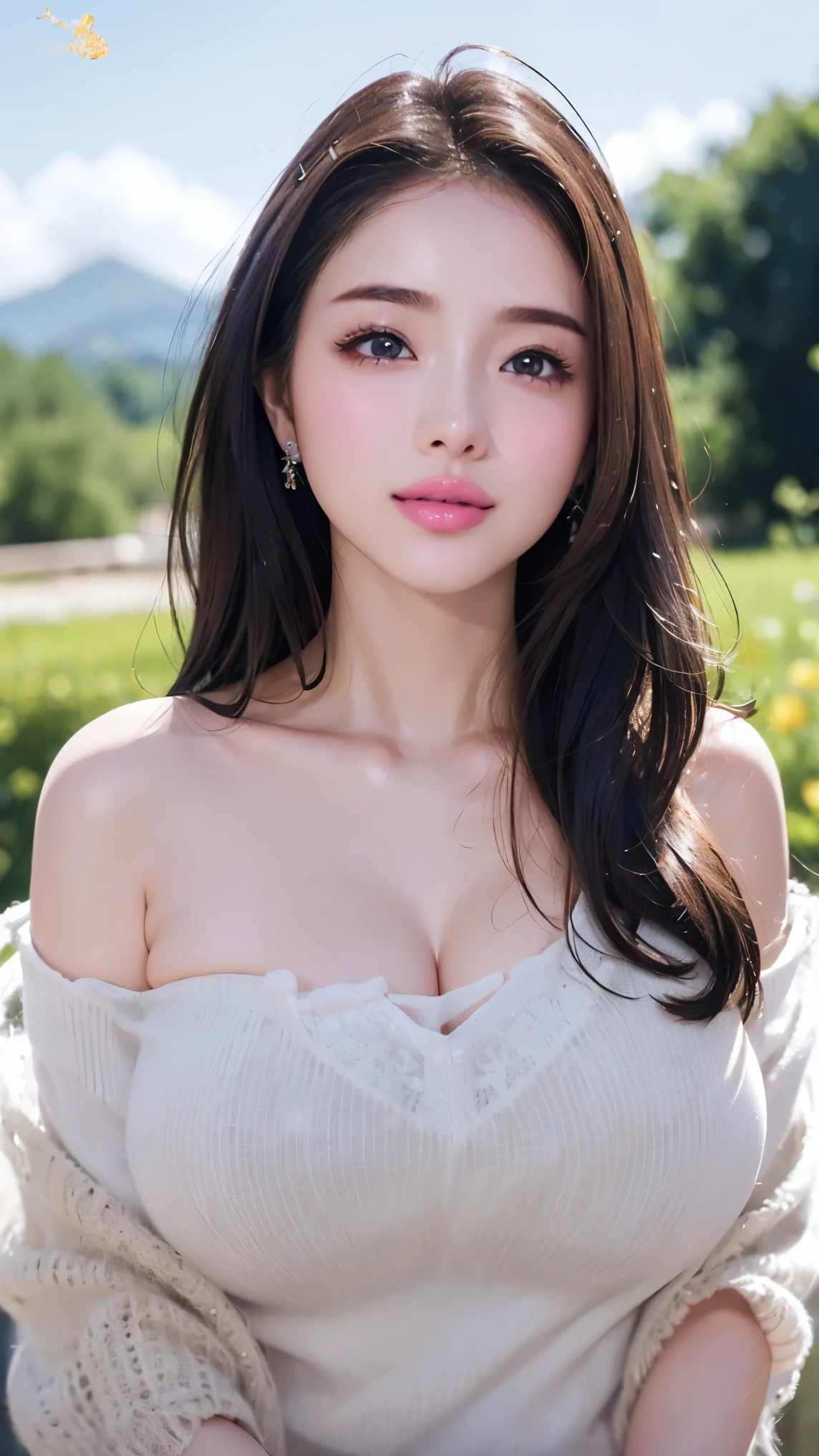 (8k,  RAW photo,  best quality, masterpiece: 1.2)、 super quality、Sexy Fashion Girl、Full body photography、((Big Breasts:1.4))、(( straight hair:1.6、 dull bangs))、 balanced body 、 Exposing Outfits 、lace fabric、 transparent、 off-shoulder cardigan with forward slant、 deep v-neck、 bold cleavage:1.4、 miniskirt、 cute smile with blush、 Yasaraka landscape 、 bright light、Unusual Light、 Very detailed、 natural colored lips、 lip gloss、Heavy Eye Makeup、 has long eyelashes、( Sexy Poses :1.2)、(Gorgeous design:1.2)、( Blurry Background 、 Movie Lighting、professional photographer)