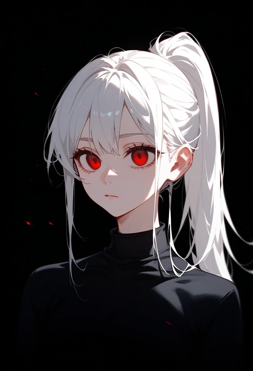  ,White hair, Ponytail, in red eyes , Long Sleeve Black Shirt, Medium Chest,Lean Down ,Dark circles under the eyes, black background,In an empty eye, 