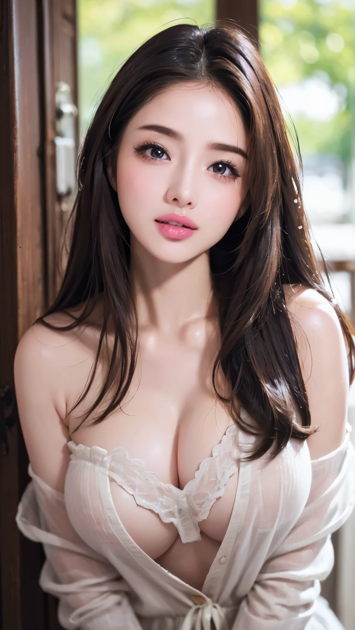 (8k,  RAW photo,  best quality, masterpiece: 1.2)、 super quality、Sexy Fashion Girl、Full body photography、((Big Breasts:1.4))、(( straight hair:1.6))、 balanced body 、 Exposing Outfits 、lace fabric、 transparent、 off-shoulder cardigan with forward slant、 deep v-neck、 bold cleavage:1.4、 miniskirt、 cute smile with blush、 Yasaraka landscape 、 bright light、Unusual Light、 Very detailed、 natural colored lips、 lip gloss、Heavy Eye Makeup、 has long eyelashes、( Sexy Poses :1.2)、(Gorgeous design:1.2)、( Blurry Background 、 Movie Lighting、professional photographer)