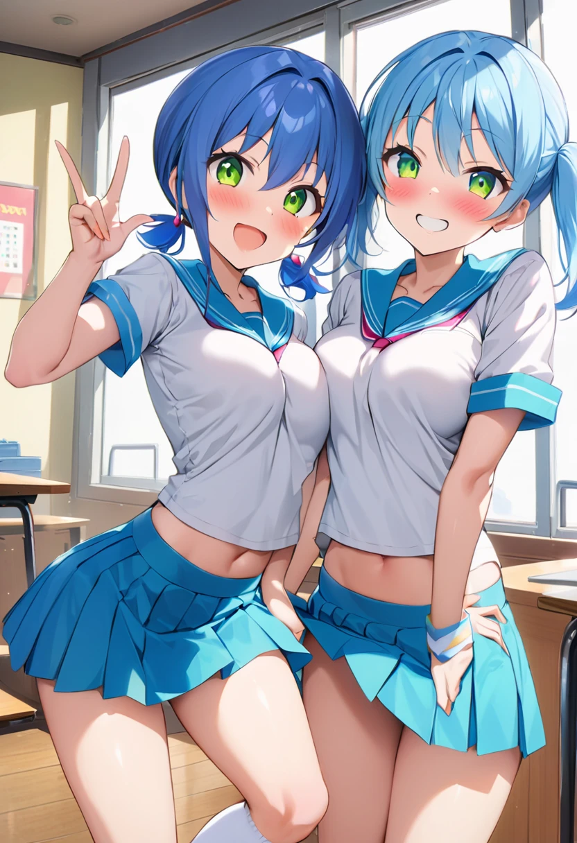 ​masterpiece、Top image quality、超A high resolution、miku hatsune、blue hairs、Twin-tailed、Blushing、mock、open your mouth just a little、short sleeve student sailor suit costume、mini skirt、(nipples, wet, bra,), inside the classroom