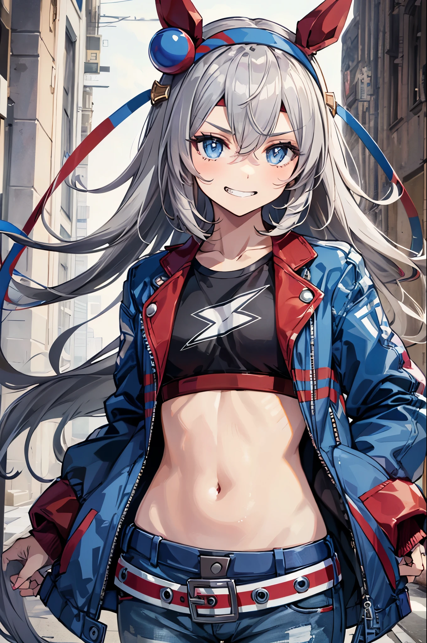 1girl,solo,(chibi:1.2),tamamo cross \(umamusume\),horse ears,silver hair,jacket,crop top,navel,midriff,pants,grin,upper body,masterpiece,Noise Reduction,perfect anatomy,high resolution, ultra-detailed, ultra-detailed face,game cg,dutch angle ,beautiful detailed eyes,visualart,five fingers, perfect hands, perfect lighting, sparkling pupils,