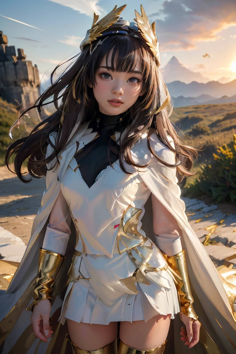 ((masterpiece, best quality, extremely detailed), volumetric lighting, ambient occlusion, colorful, glowing), 1girl, solo, young girl, (dark hair), long hair, ranger suit, hunter class dnd, cloak, (white outfit with gold detailst:1.3), armor, outdoors, sunset, sky, clouds, space, (fantasy theme:1.2),