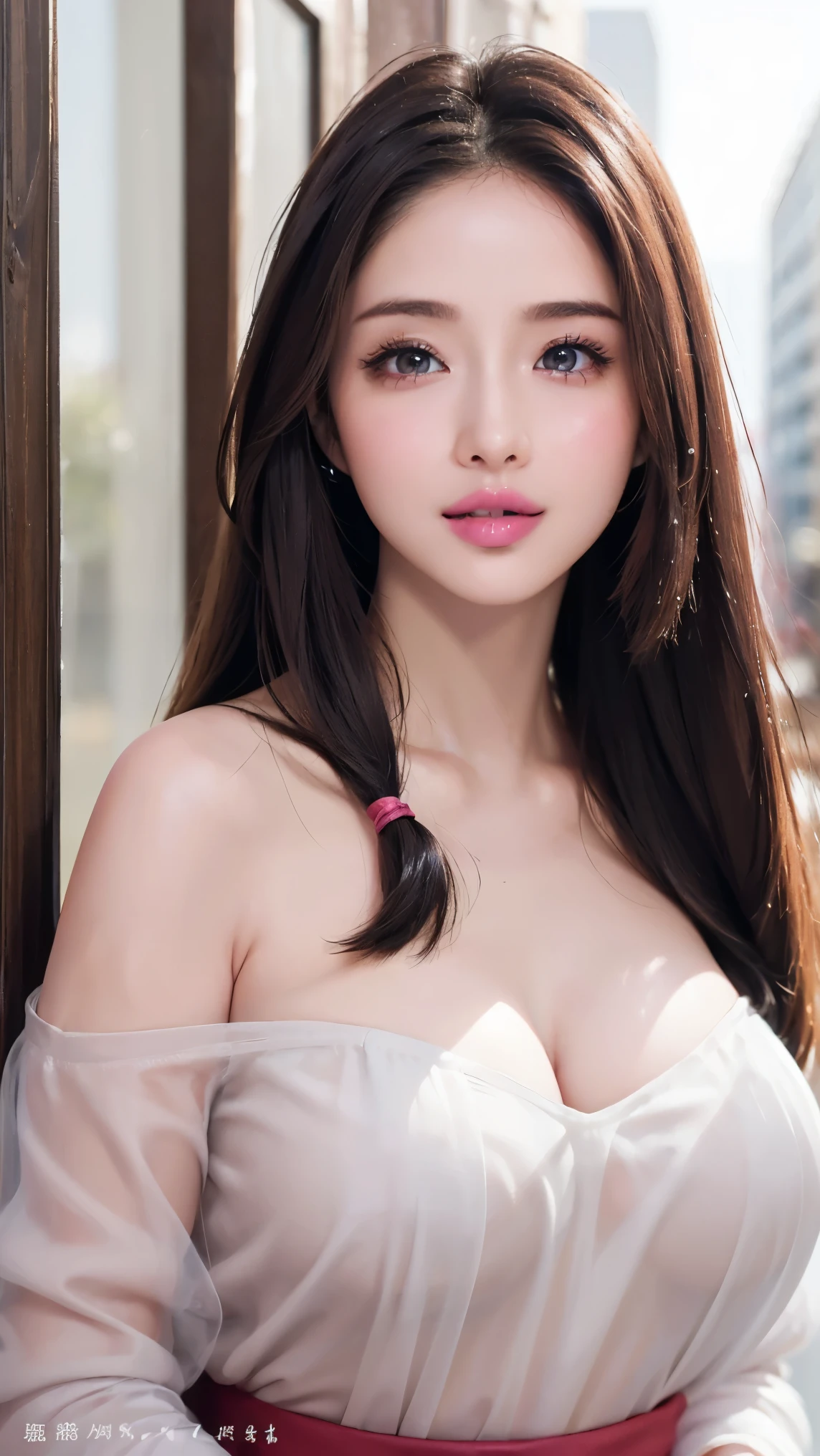 (8k,  RAW photo,  best quality, masterpiece: 1.2)、 super quality、Sexy Fashion Girl、Full body photography、((Big Breasts:1.4))、(( straight hair:1.6))、 ponytail、 Exposing Outfits 、lace fabric、 transparent、 off-shoulder 、 deep v-neck、 bold cleavage:1.6、 miniskirt、 cute smile with blush、 Yasaraka landscape 、 bright light、Unusual Light、 Very detailed、 natural colored lips、 lip gloss、Heavy Eye Makeup、 has long eyelashes、( Sexy Poses :1.2)、(Gorgeous design:1.2)、( Blurry Background 、 Movie Lighting、professional photographer)