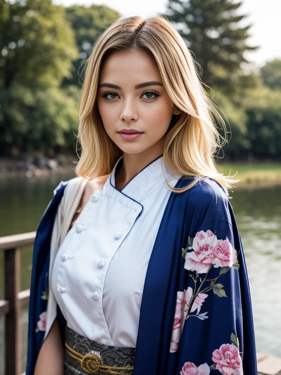 ((AlexiaThompson01R face)). beautiful. perfect, ((blonde hair, hair in a bun, hair falling over one eye, emo bangs)), (blue eyes. Vibrant Blue Eye). perfect skin, white skin. thin nose, thin chin. ((samurai, kimono, yellow kimono) (location: garden, shogun, sakura tree)(makeup, beautiful western woman, mascara, brush)