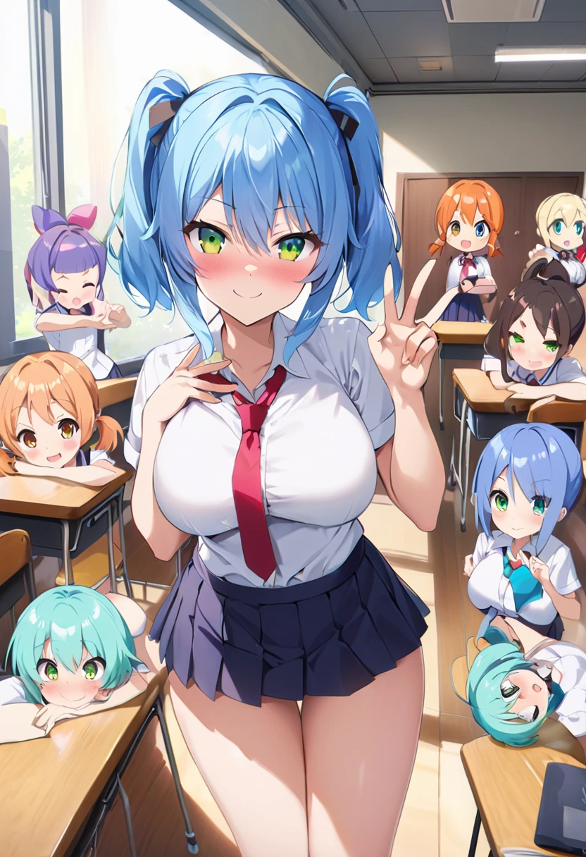 ((((((Harem)))))) (((((woman、5-people、Completely naked　Gather in the center))))) ((((classroom　Large Breasts、Showing nipples　woman器を見せる　Hot face))))　(((Rainbow Hair、short hair　blue eyes　woman　sexy)))，((sunlight))，(smile)，Open your mouth　Shining Background　Shining Edges