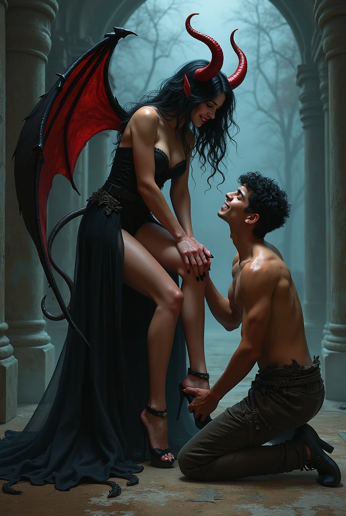 (raw photo, best quality) , (Realistic, photo-realistic: 1.4), extremely formidable overall plan, masterpiece, ultra detailed, high resolution, best illustration, best shadow, complex, depth of field, 1 woman, femme fatale, succube, she is very beautiful and sexy, she has white skin, she has long black hair, red eyes with split pupils, she has a nasty smile (sadistic smile), she has horns on her forehead, she has two large bat wings, she has a succubus tail, she wears a very light outfit, she holds a bloody sword in her hand. Next to her there are,
1 man, young man with red hair ((redhead)) ((red hair)), he has pale white skin. his eyes are red and black without any trace of white (bright red pupils and black iris) ((crazy and scary eyes)), he has a sadistic smile ((cruel and sadistic smile)) and a terrifying look, he is athletic, his body and arms are covered with tattoos of criminals (tattoos), he is wearing a red sleeveless coat ((manteau rouge sans manches)) and black trousers and black boots, he holds in each hand the handle of a sharp blade, he holds two in each hand, both blades are identical (Short-bladed swords) ((Blade realistic), to which are attached to their pomo a large chain (metal chain), the two blades are attached to a chain, it can control its chains as he wishes, he uses a telekinesis power on his chains to be able to throw them and change their trajectory as he wants, there is blood on his blades and on his hands (blood), the man has no wings, Both characters kiss passionately on the mouth ((passionate kiss lover)) (lips against lips), around them there are several bloody corpses, and ruins destroyed,