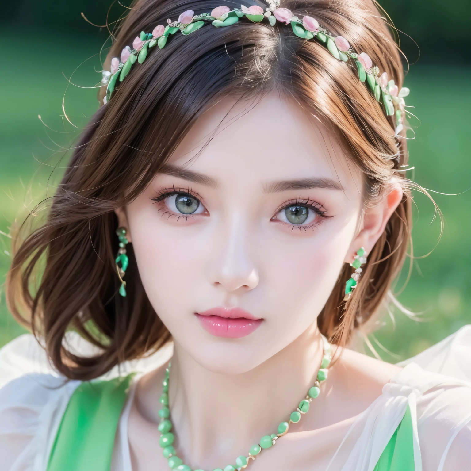   pictures of Ukrainian women.   suitable for face  . 25 years old, Pointed chin,   RAW Photo  , masterpiece,   Highly detailed photo  ,   DSLR  , Realistic 3  .9, super high resolution,  high quality,   pink lips  , Perfect makeup, Large target,   bright green eyes  , White，earrings，necklace，Hair accessories