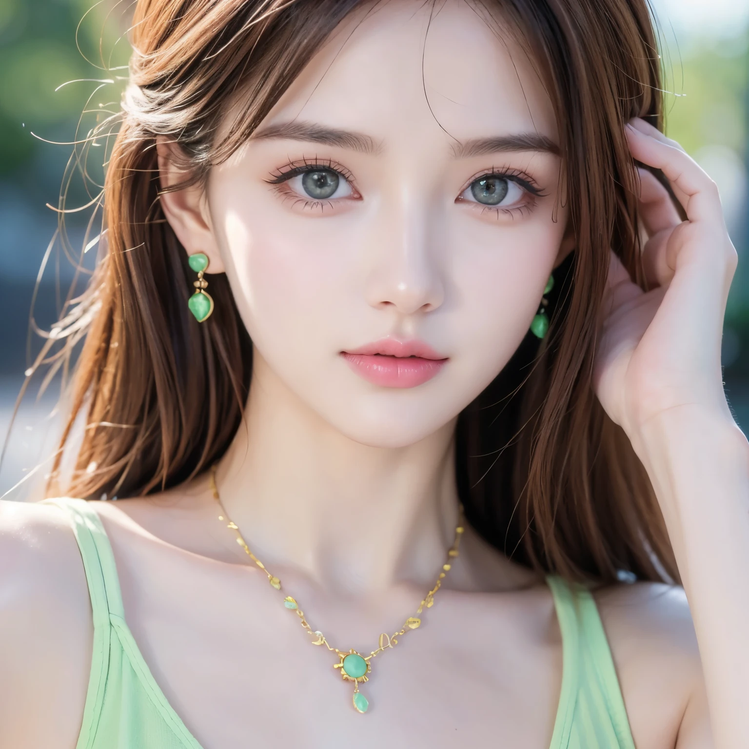  pictures of Ukrainian women.  suitable for face  . 25 years old, Pointed chin,  RAW Photo  , masterpiece,  Highly detailed photo  ,  DSLR  , Realistic 3  .9, super high resolution,  high quality,  pink lips  , Perfect makeup, Large target,  bright green eyes  , White，earrings，necklace，