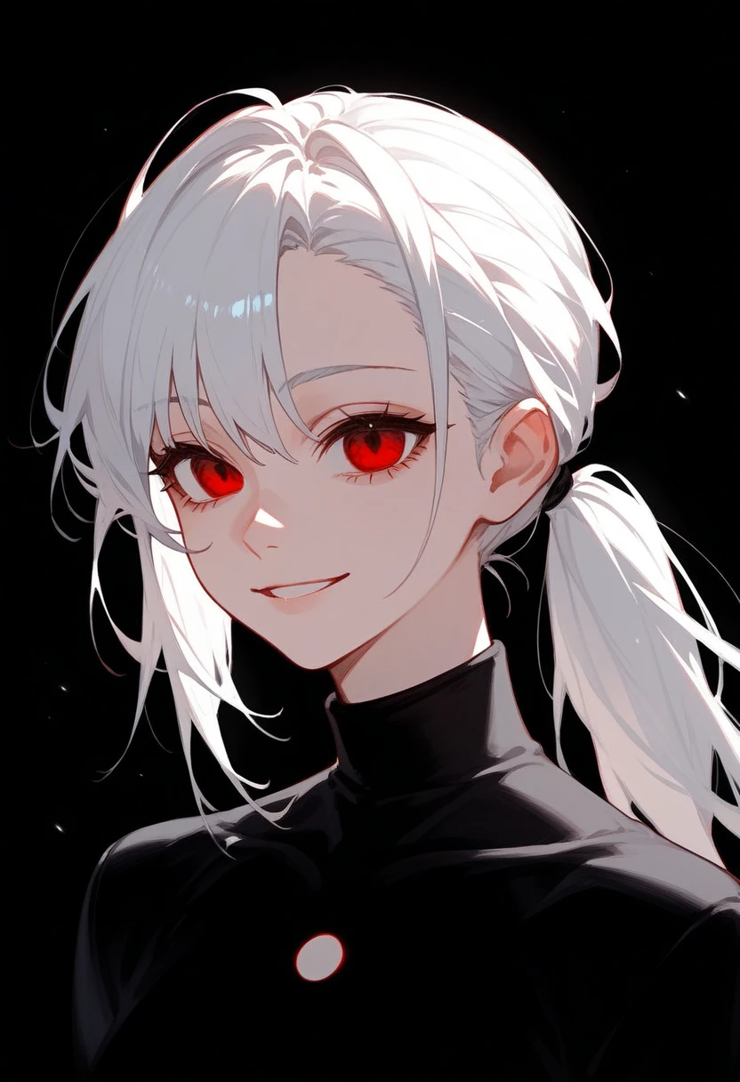  ,White hair, Ponytail, in red eyes , Long Sleeve Black Shirt, Medium Chest,Lean Down ,Dark circles under the eyes, black background,In an empty eye, ,Smile widely