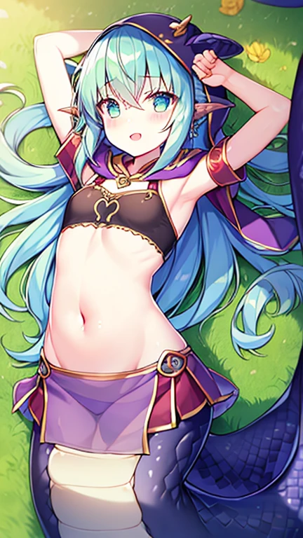 young girl, long gray hair, elf ears, Green eyes, smirk, tattoo, purple dress, Gold Elements, Sexy, Sleeveless, open breasts, flat chest, open belly, feet shoulder-width apart, hands behind head, Masterpiece, hiquality, 4k, HD, Good detail