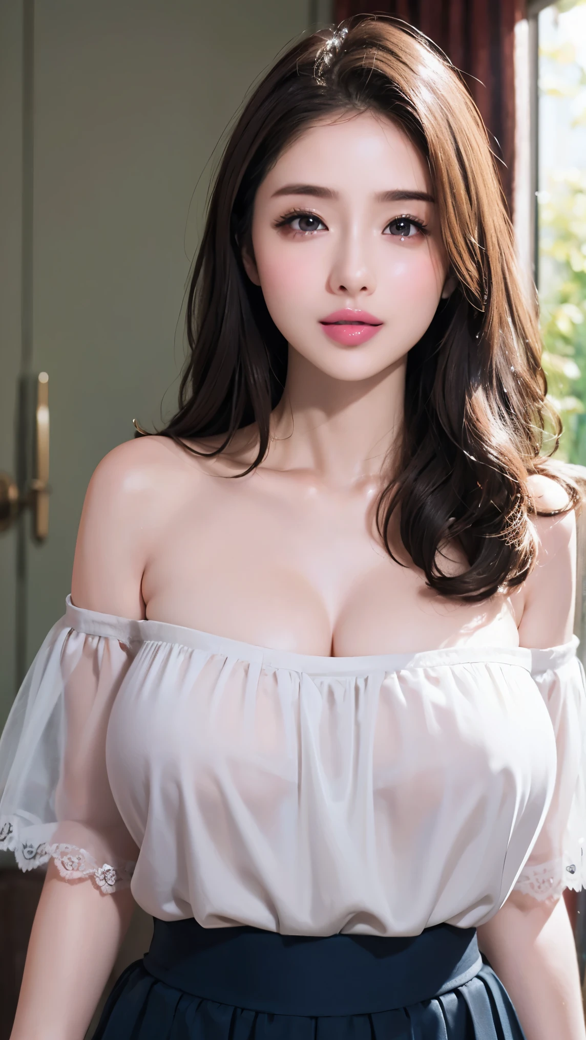 (8k,  RAW photo,  best quality, masterpiece: 1.2)、 super quality、Sexy Fashion Girl、Full body photography、((Big Breasts:1.4))、(( straight hair:1.6、 shorthair))、 Exposing Outfits 、lace fabric、 transparent、 off-shoulder 、 deep v-neck、 bold cleavage:1.6、 miniskirt、 cute smile with blush、 Yasaraka landscape 、 bright light、Unusual Light、 Very detailed、 natural colored lips、 lip gloss、Heavy Eye Makeup、 has long eyelashes、( Sexy Poses :1.2)、(Gorgeous design:1.2)、( Blurry Background 、 Movie Lighting、professional photographer)