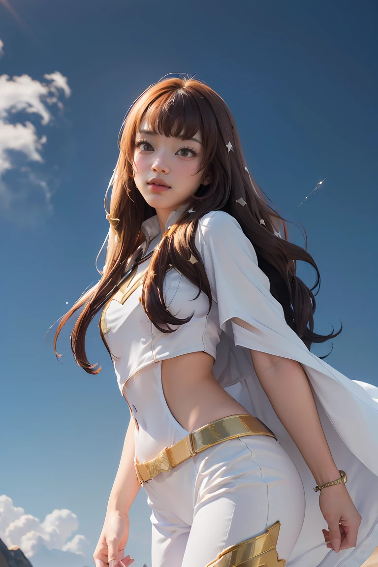 ((masterpiece, best quality, extremely detailed), volumetric lighting, ambient occlusion, colorful, glowing), 1girl, solo, young girl, (dark hair), long hair, ranger suit, hunter class dnd, cloak, (white outfit with gold detailst:1.3), armor, outdoors, sunset, sky, clouds, space, (fantasy theme:1.2),