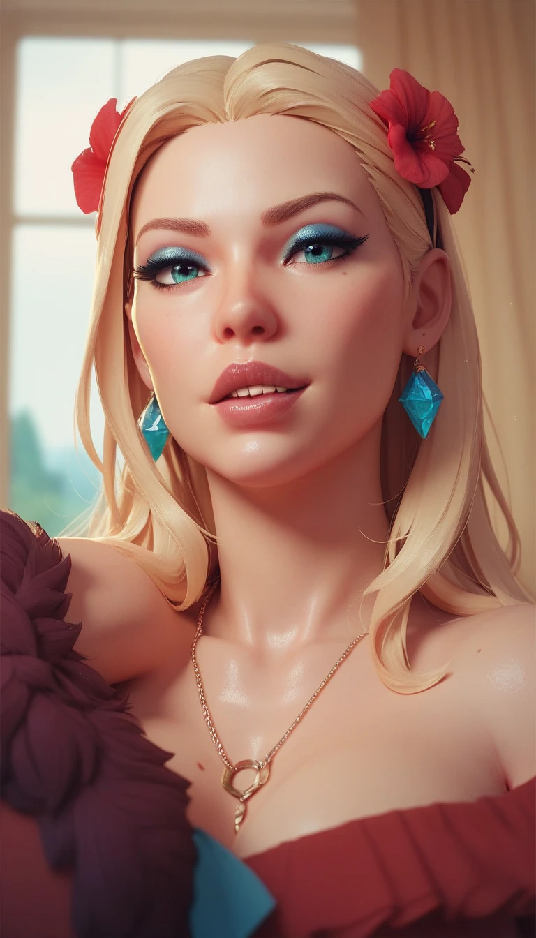 Beautiful Italian face detailed with heavy makeup, realistic detailed face, beautiful edges, shiny forehead, trimmed black eyebrows, beautiful nose like a mountain peak, mesmerizing eyes with lined eyeliner, plump red glossy lips, hair in a bun, (Blonde hair), earrings, complex composition without mistakes, delicate details, bare shoulders, elegant chest, big breasts, sweaty chest, slim waist, ((Tattooed all over the upper body, full nude body with a big, bouncy butt))A high-quality UHD 18K shot in front of the viewer)).
