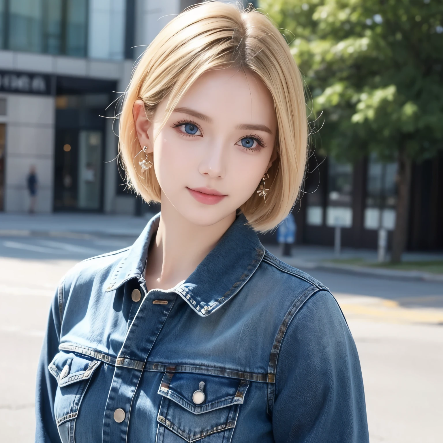 1 Girl,  unique , Android 18, blond,  blue eyes , Short hair, Jewelry, earrings,  Smile, jacket, Look to one side, Denim, Denim jacket,  upper body, underwear,  jiàguāng , cloud, sky空, sky, Looking aside , blue sky空, collarb, suitable for face  ，Perfect makeup,  facial close-up 