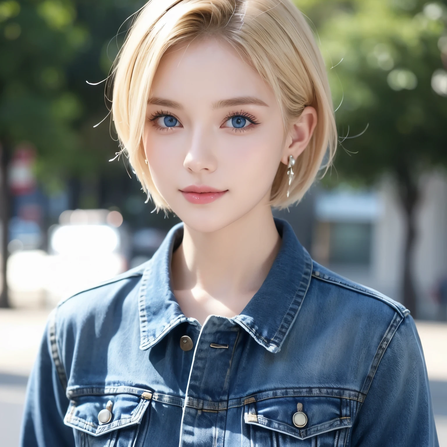 1 Girl,  unique , Android 18, blond,  blue eyes , Short hair, Jewelry, earrings,  Smile, jacket, Look to one side, Denim, Denim jacket,  upper body, underwear,  jiàguāng , cloud, sky空, sky, Looking aside , blue sky空, collarb, suitable for face  ，Perfect makeup,  facial close-up 