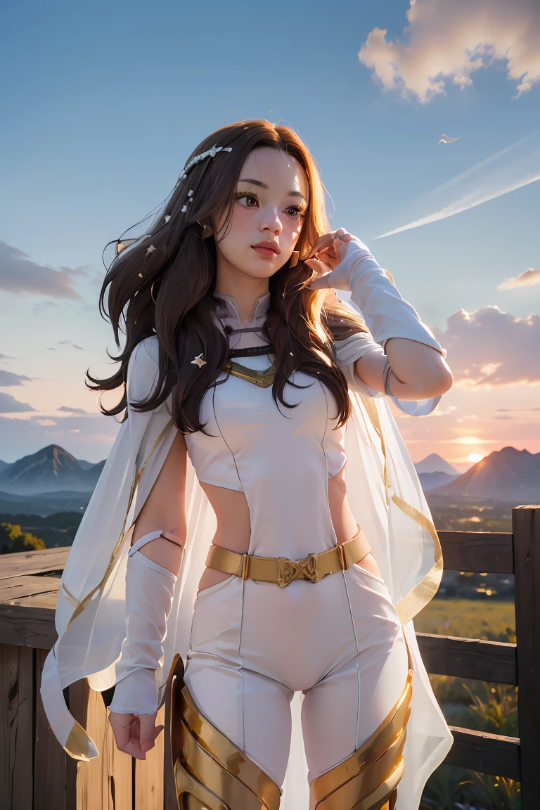 ((masterpiece, best quality, extremely detailed), volumetric lighting, ambient occlusion, colorful, glowing), 1girl, solo, young girl, (dark hair), long hair, ranger suit, hunter class dnd, cloak, (white outfit with gold detailst:1.3), armor, outdoors, sunset, sky, clouds, space, (fantasy theme:1.2),